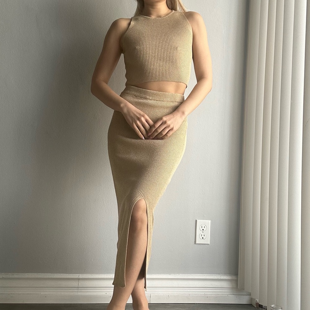 Zara Knit Set Crew Neck Tank Top + Midi Front Slit Bodycon Skirt Metallic Gold